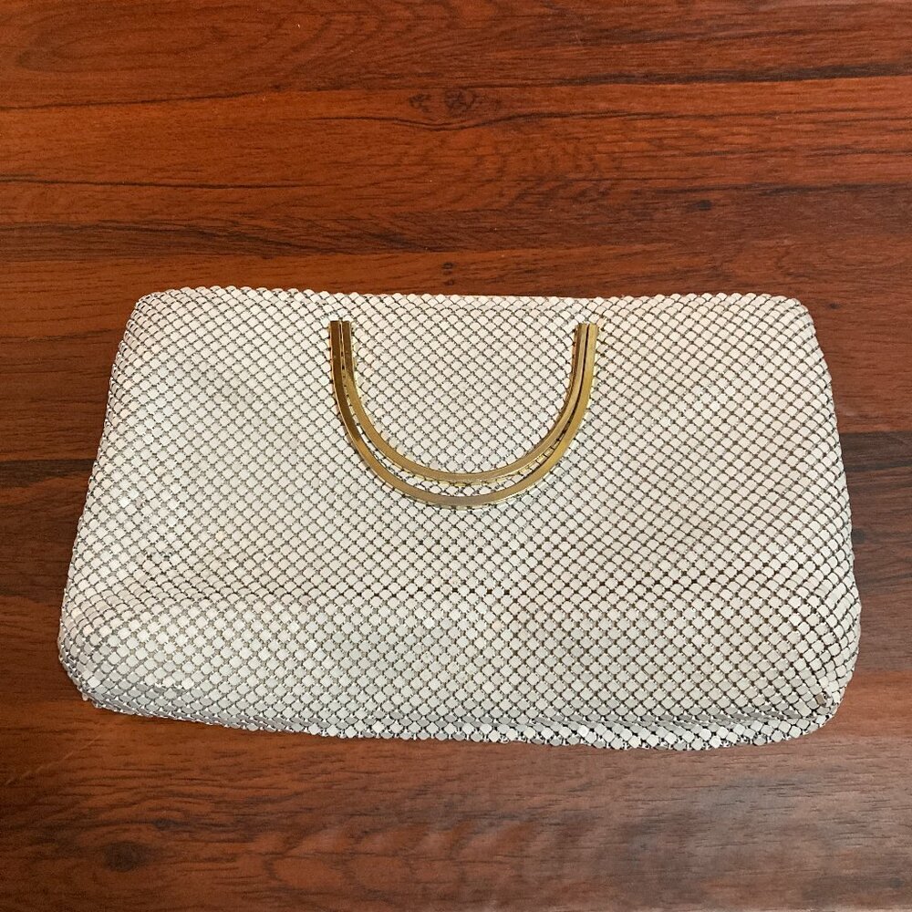Vintage‎ Mesh Clutch White Shimmer Gold Handle Bag Fancy Core Prom Night Out